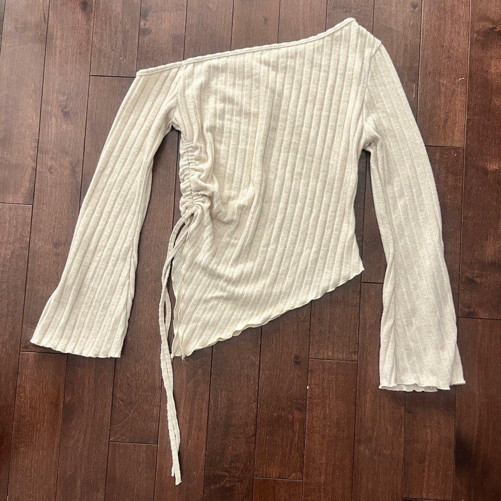 Cream Ribbed One-Shoulder Top